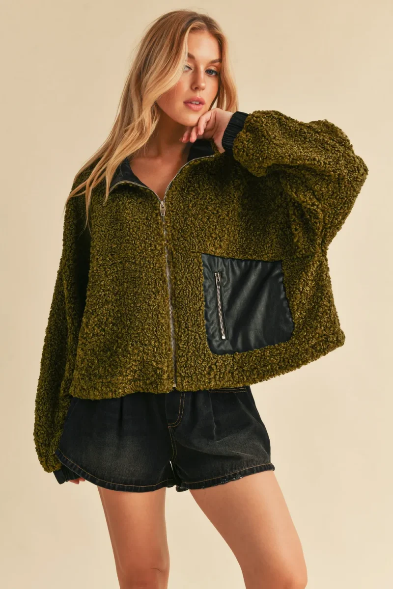 Collared Neck Zip Up Sherpa Jacket - Olive