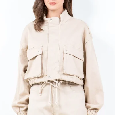 Full Size Drawstring Hem Cargo Pocket Cropped Worker Jacket Plus Size - Tan
