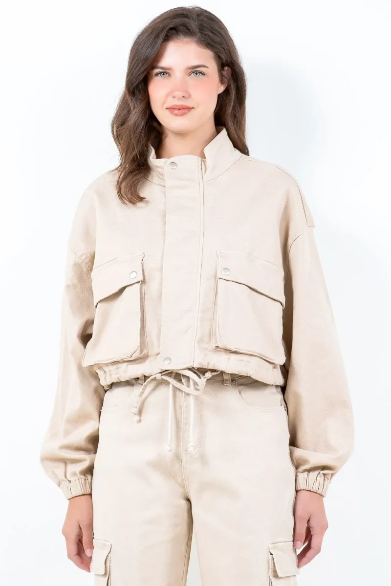 Full Size Drawstring Hem Cargo Pocket Cropped Worker Jacket Plus Size - Tan
