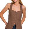Linen Tie-back 4-button Vest with Lining - Brown