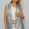 Lace Patchwork Floral Open Front Sleeveless Cardigan - Gray