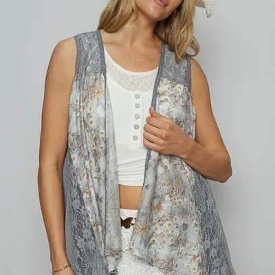Lace Patchwork Floral Open Front Sleeveless Cardigan - Gray