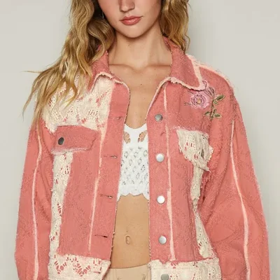 Crochet Patch Embroidered Button Up Jacket - Pink Multicolor