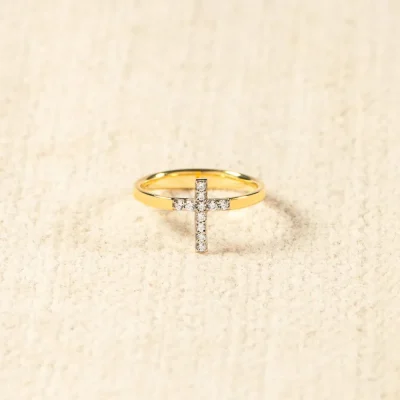 925 Sterling Silver Inlaid Zircon Cross Ring - Gold
