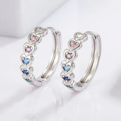 925 Sterling Silver Inlaid Zircon Heart Huggie Earrings - Silver