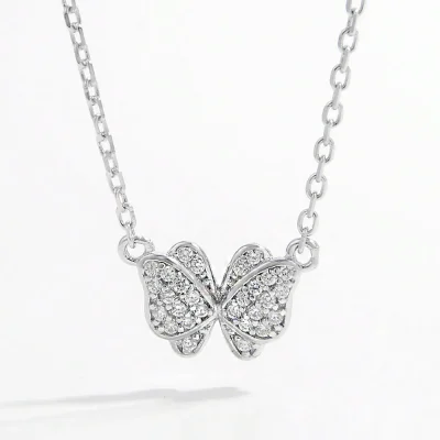 925 Sterling Silver Zircon Butterfly Pendant Necklace - Silver