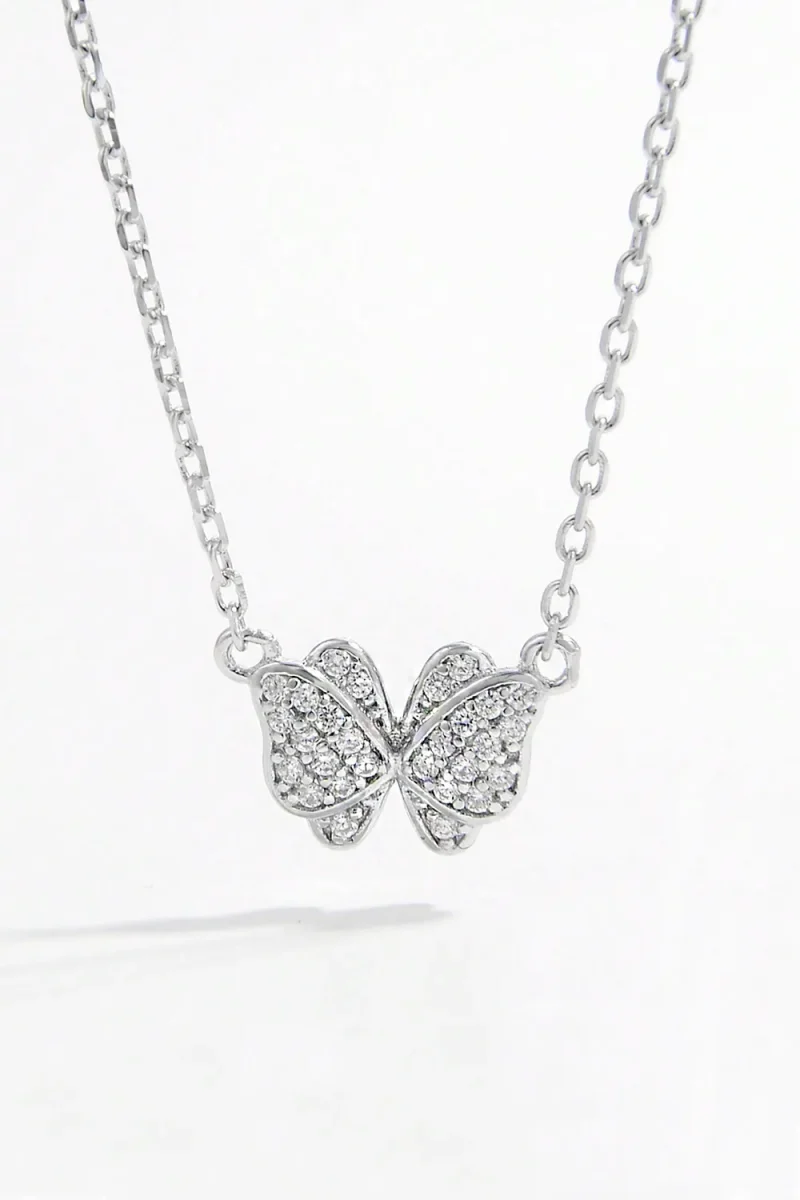 925 Sterling Silver Zircon Butterfly Pendant Necklace - Silver
