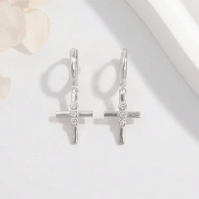 925 Sterling Silver Zircon Cross Earrings - Silver
