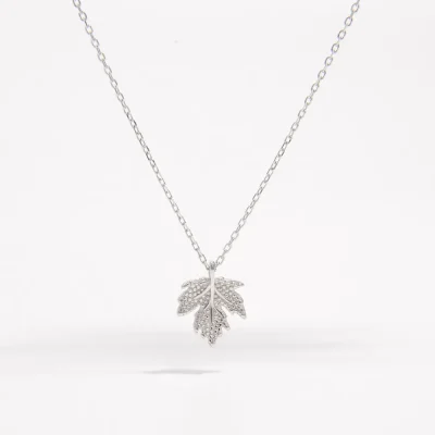 925 Sterling Silver Zircon Maple Leaf Necklace - Silver
