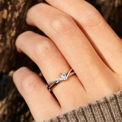 925 Sterling silver Inlaid Zircon Heart Open Ring - Silver