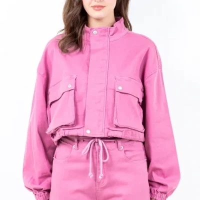 Full Size Drawstring Hem Cargo Pocket Cropped Worker Jacket Plus Size - Fuchsia Pink