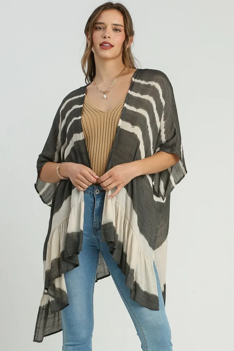 Umgee Full Size Tie Dye Back String Tie Open Front Kimono Sleeve Cover Up Plus Size - Ashbrown