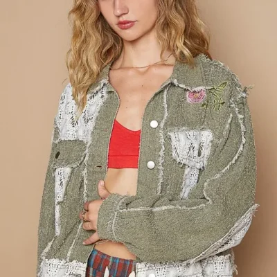 Crochet Patch Embroidered Button Up Jacket - Olive Multicolor