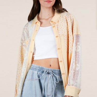 Plus Size Contrast Ribbed Knit Lace Shacket - Yellow