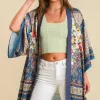 Umgee Full Size Fringe Hem Open Front Printed Kimono Sleeve Cover-Up Plus Size - Teal Mix
