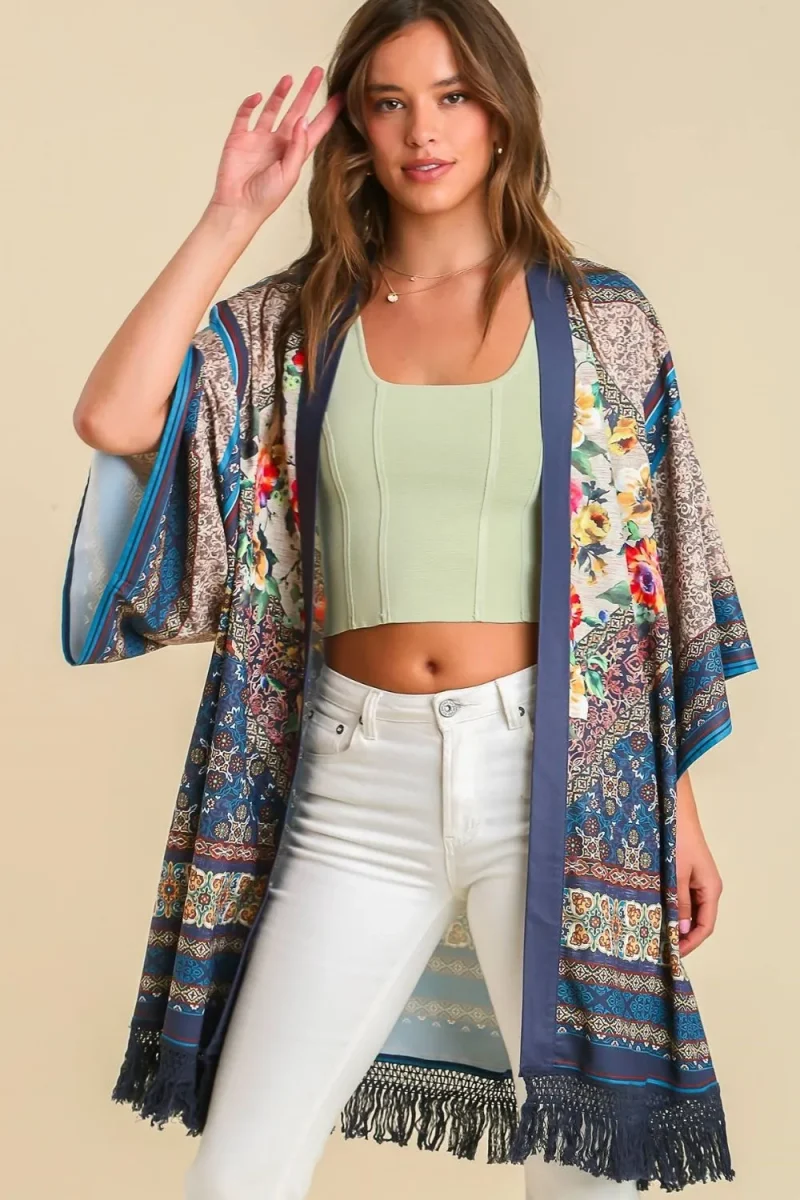 Umgee Full Size Fringe Hem Open Front Printed Kimono Sleeve Cover-Up Plus Size - Teal Mix