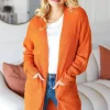 Full Size Stripe Textured Open Front Cardigan with Pockets - Rust