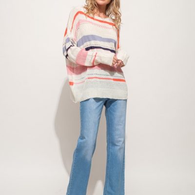 Abstract Striped Light Weight Loose Sweater - Pink Multi