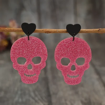 Acrylic Skeleton & Heart Earrings - Deep Rose