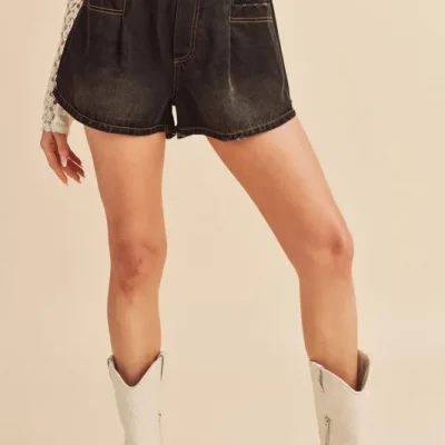 Aemi + Co Frayed Hem Elastic Waist Denim Shorts - Black