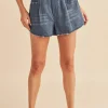 Aemi + Co Frayed Hem Elastic Waist Denim Shorts - Medium