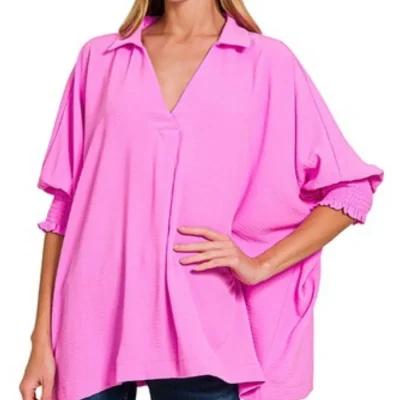 Airflow Collar Tee with Smocked Sleeve Band Top - Bright Mauve