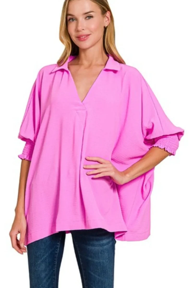 Airflow Collar Tee with Smocked Sleeve Band Top - Bright Mauve