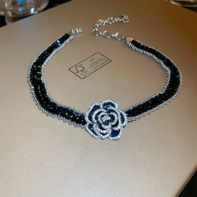 Alloy Crystal Rose Necklace - Black
