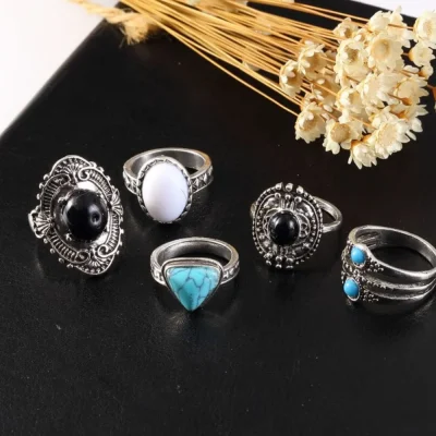 Alloy Turquoise 5-Piece Ring Set - Silver