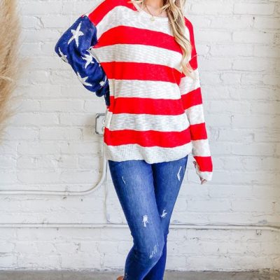 American Flag Long Sleeve Sweater - Red/Navy