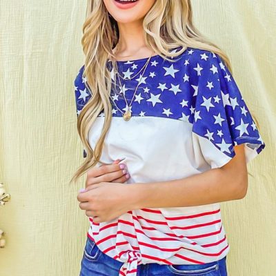 American Flag Print Tie Knot Front Casual Top - Red/Navy