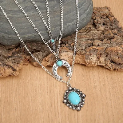 Artificial Turquoise Alloy Three-Layered Necklace - Silver