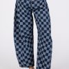 Barrel Style Leg Checkered Print Jeans - Denim Blue