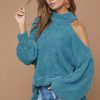 Belle Sweater Knit Open One Shoulder Turtle Neck - Teal