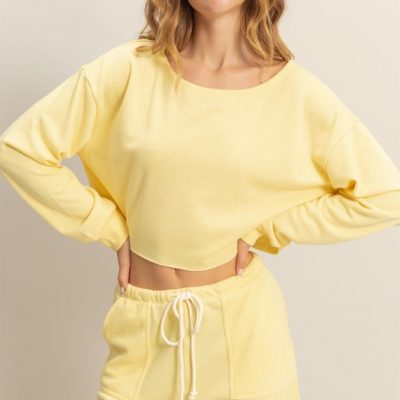 Boat Neck Long Sleeve Cropped Top - Creamy Yellow