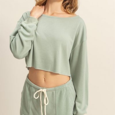 Boat Neck Long Sleeve Cropped Top - Sage Green