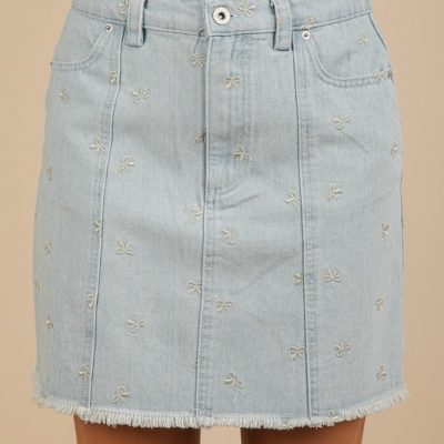 Bow Printed Casual Denim Mini Skirt - Lt Indigo