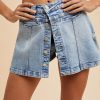 Button Detail Stretch Denim Wrap Mini Skort - Medium Washed Denim