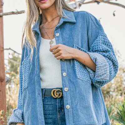 Button Down Corduroy Contrast Texture Long Sleeve Shacket - Blue