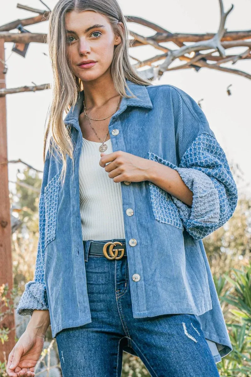 Button Down Corduroy Contrast Texture Long Sleeve Shacket - Blue