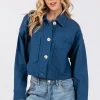 Button Down Cropped Denim Jacket With Patch Pockets -  Peacock  Blue