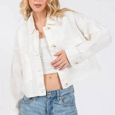 Button Down Cropped Denim Jacket With Patch Pockets - White
