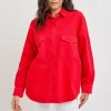 Button Down Long Sleeve Denim Shacket With Chest Pockets - Scarlet