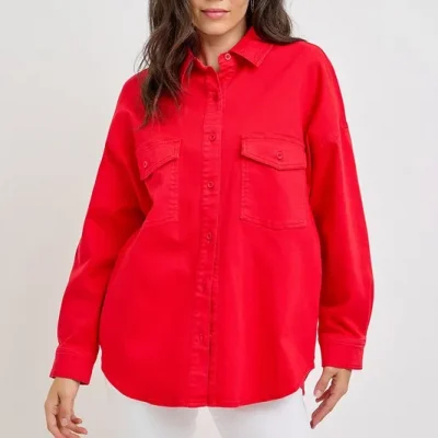 Button Down Long Sleeve Denim Shacket With Chest Pockets - Scarlet