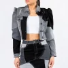 Button Up Cropped Patchwork Denim Jacket - Black