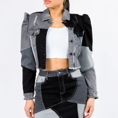 Button Up Cropped Patchwork Denim Jacket - Black