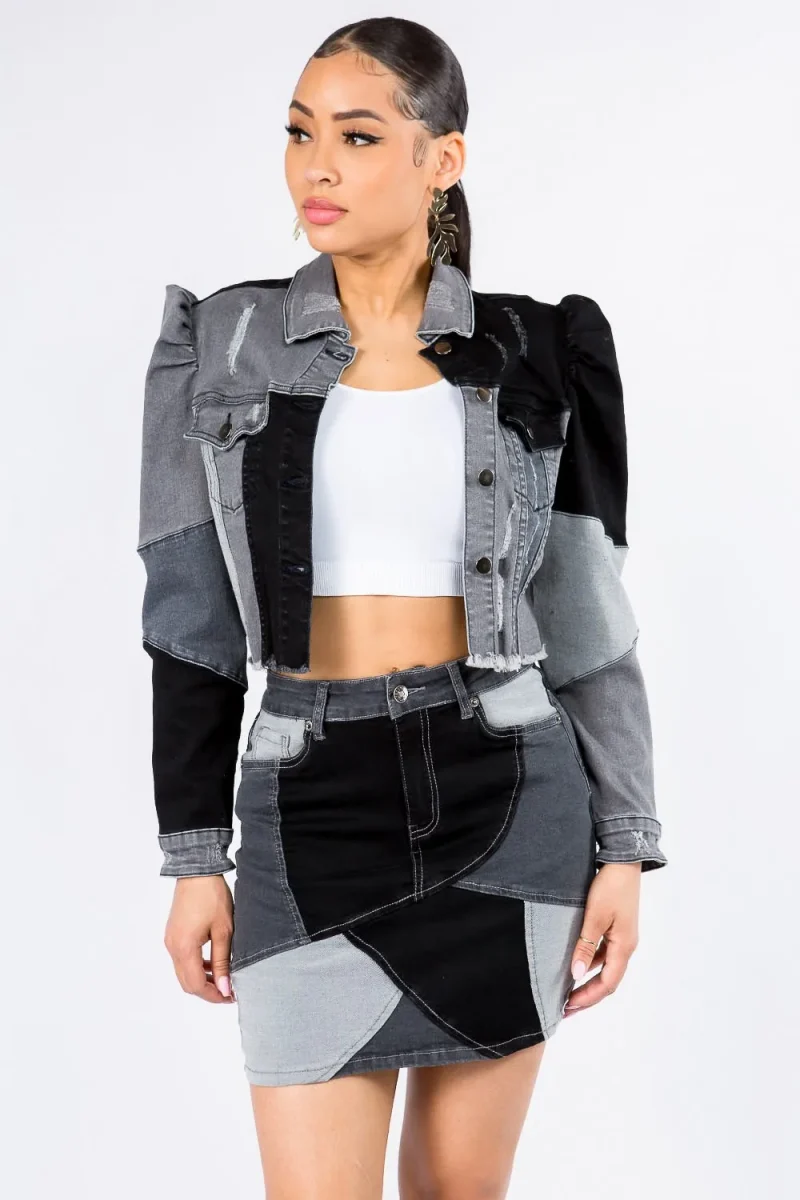 Button Up Cropped Patchwork Denim Jacket - Black