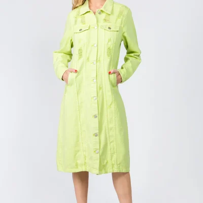 Button Up Distressed Denim Dress - Lime