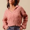 Cable Knit Deep V Neck Crop Swetaer Top - Mauve