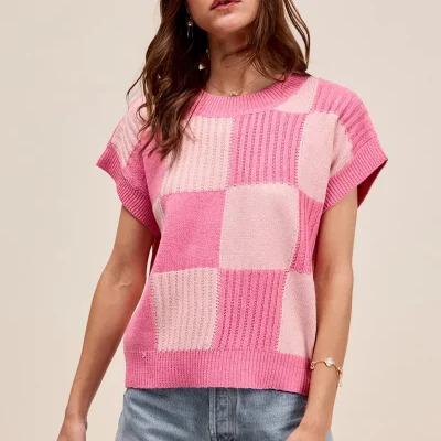 Check Plaid Casual Sweater Top - Blush/Pink